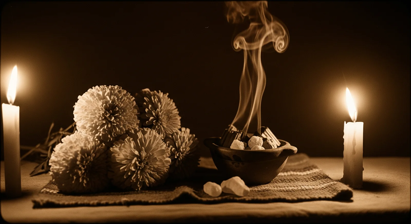 Offerings on a Mazatec altar — marigolds, glowing copal, and candles